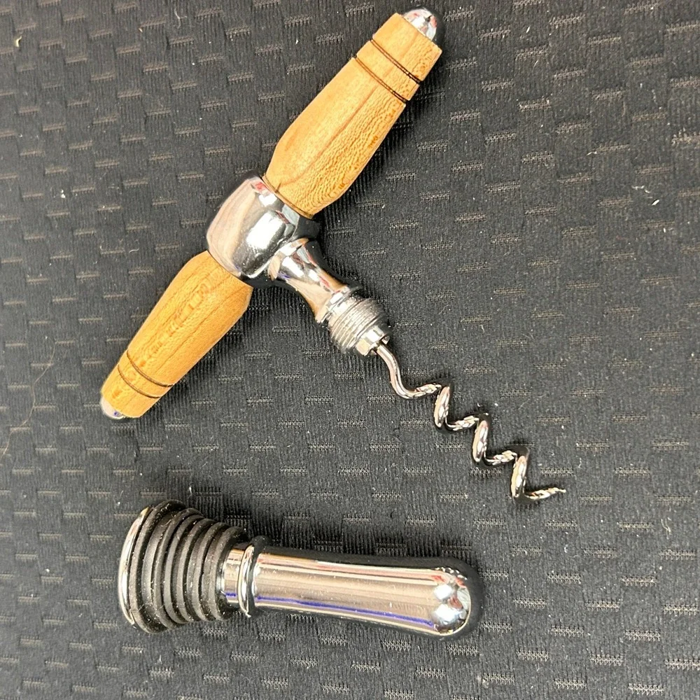 Wood T-Handle Corkscrew and Chrome‎ Bottle Stopper Wine Accessory Set